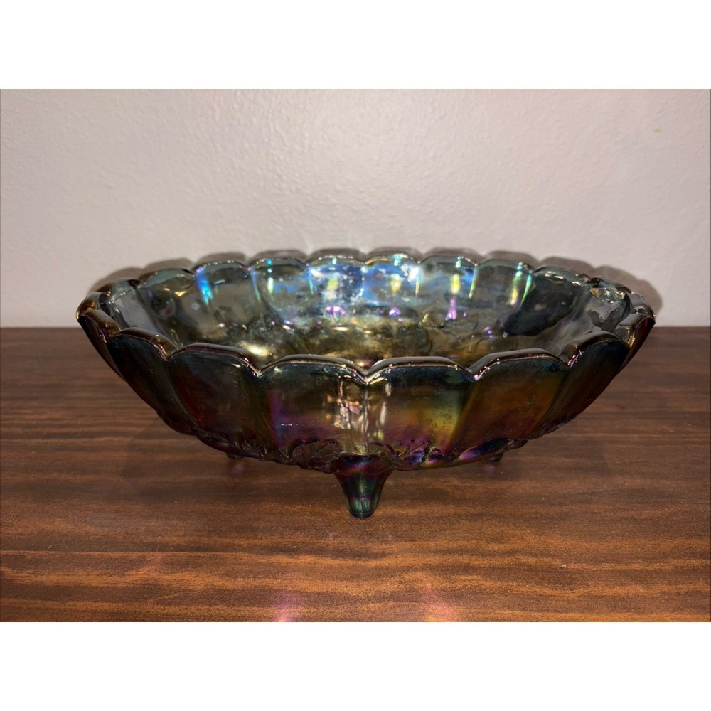 Indiana Glass Blue Iridescent Carnival Harvest Grape Oval Footed Fruit Bowl